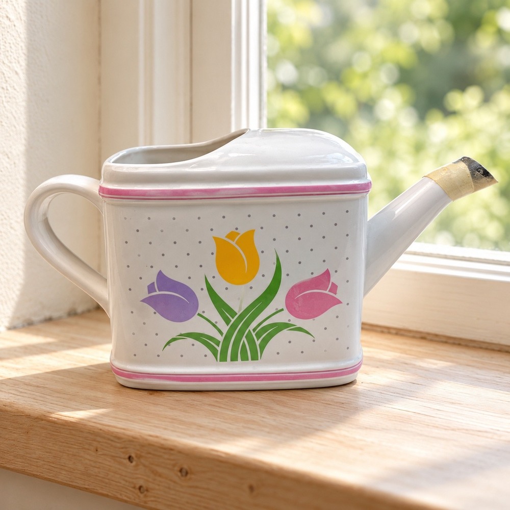 Vintage 1985 Teleflora Tulip Ceramic Watering Can Vase Cottagecore G72Q